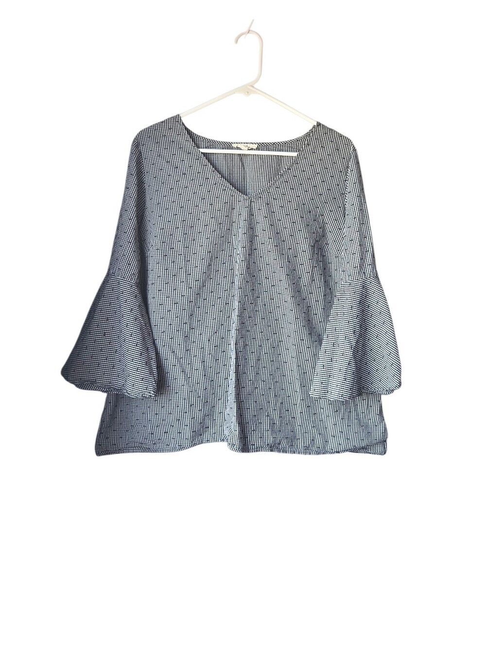 Jane and Delancey Plus 1X Gingham Bell Sleeve Blouse Black White Peasant Top
